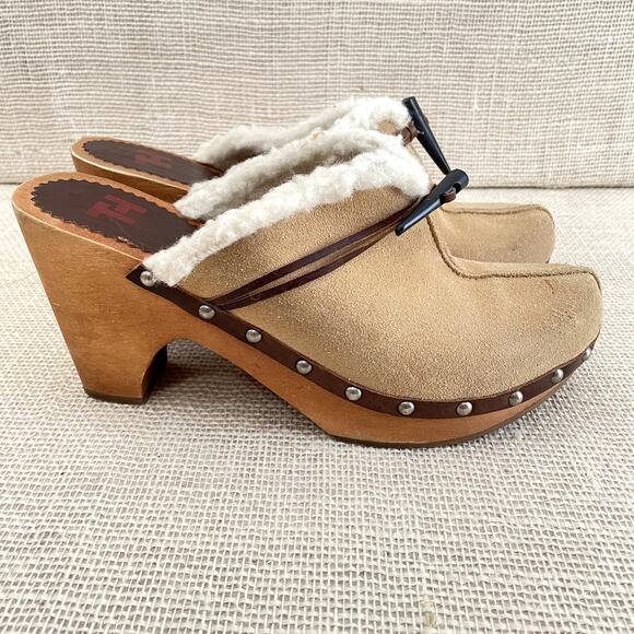 Tommy Hilfiger Wooden Platform Clogs, Suede Leather, Shearling, Ladies 9.5 M - Picture 5 of 10